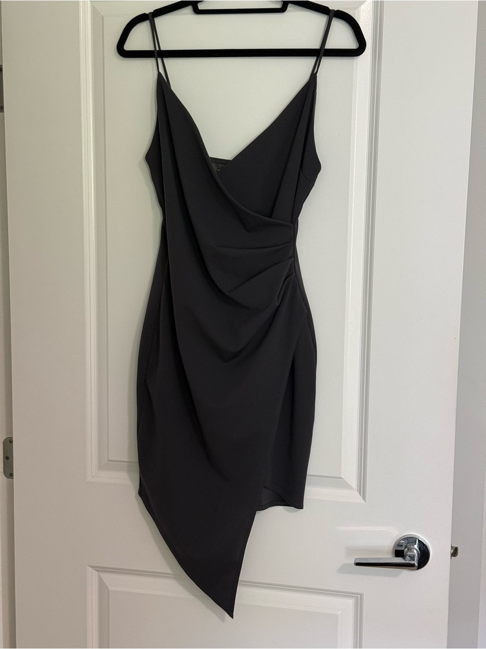 Okakie Grey Asymmetric Slip Dress with Draped Front